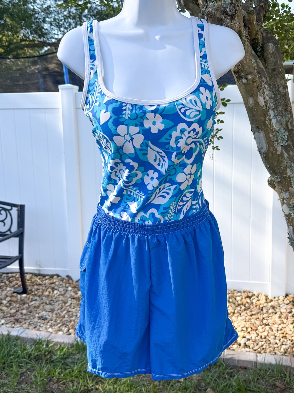 Gabar Womens Size 10 Blue Floral One Piece Swimsuit Board Shorts
